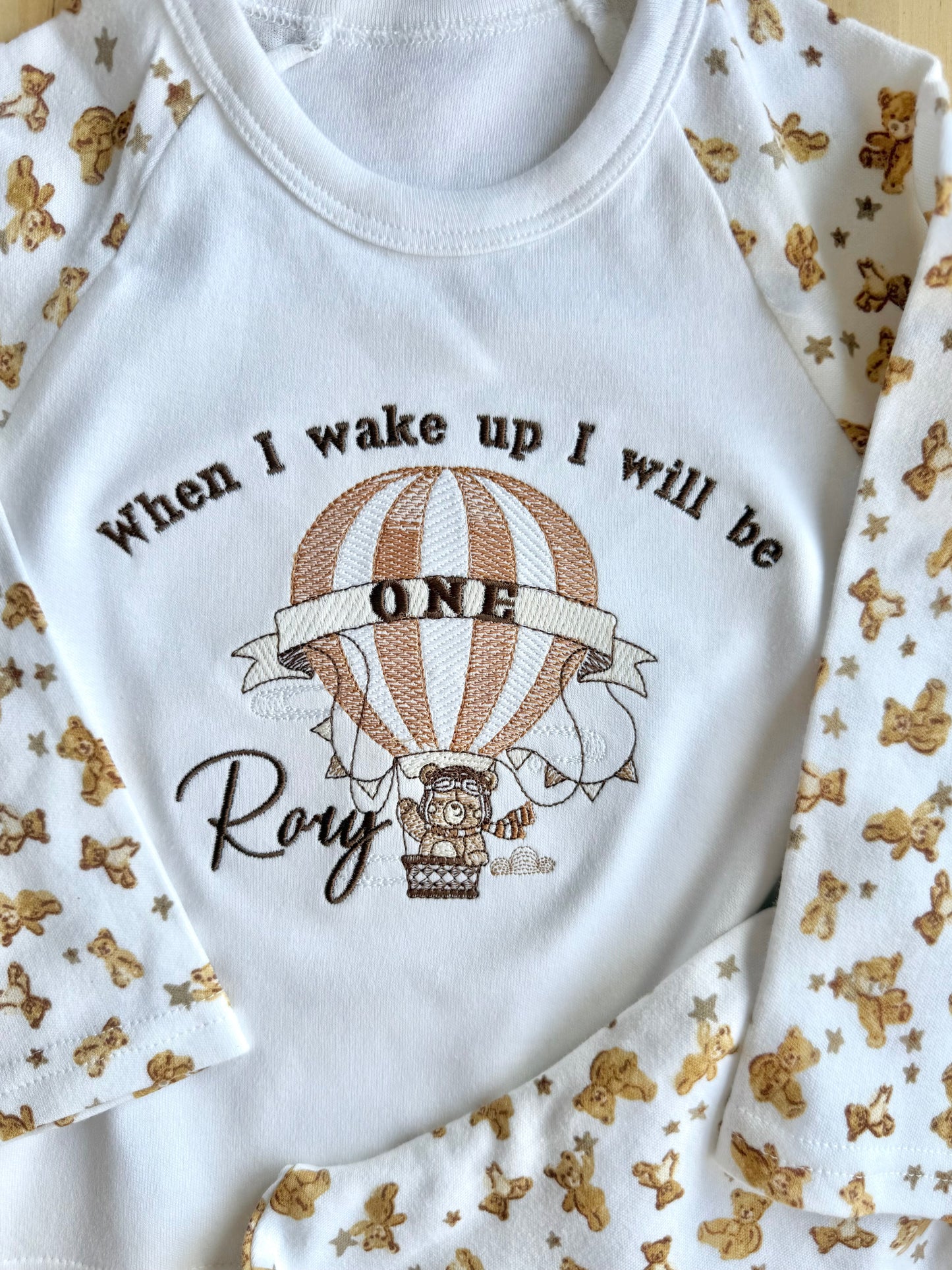 Bear in Hot Air Balloon Personalised Kids Age Birthday Pyjamas - Embroidered