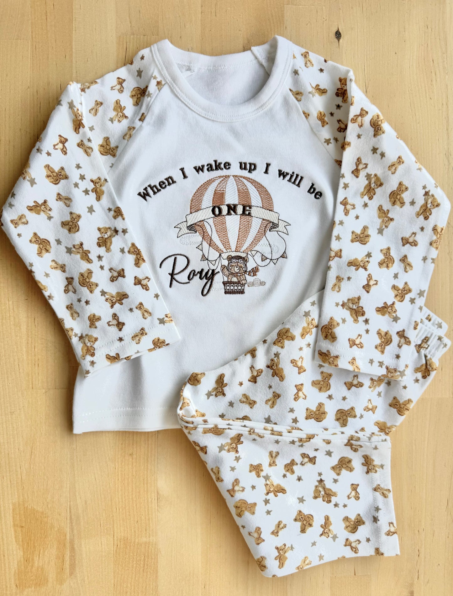 Bear in Hot Air Balloon Personalised Kids Age Birthday Pyjamas - Embroidered