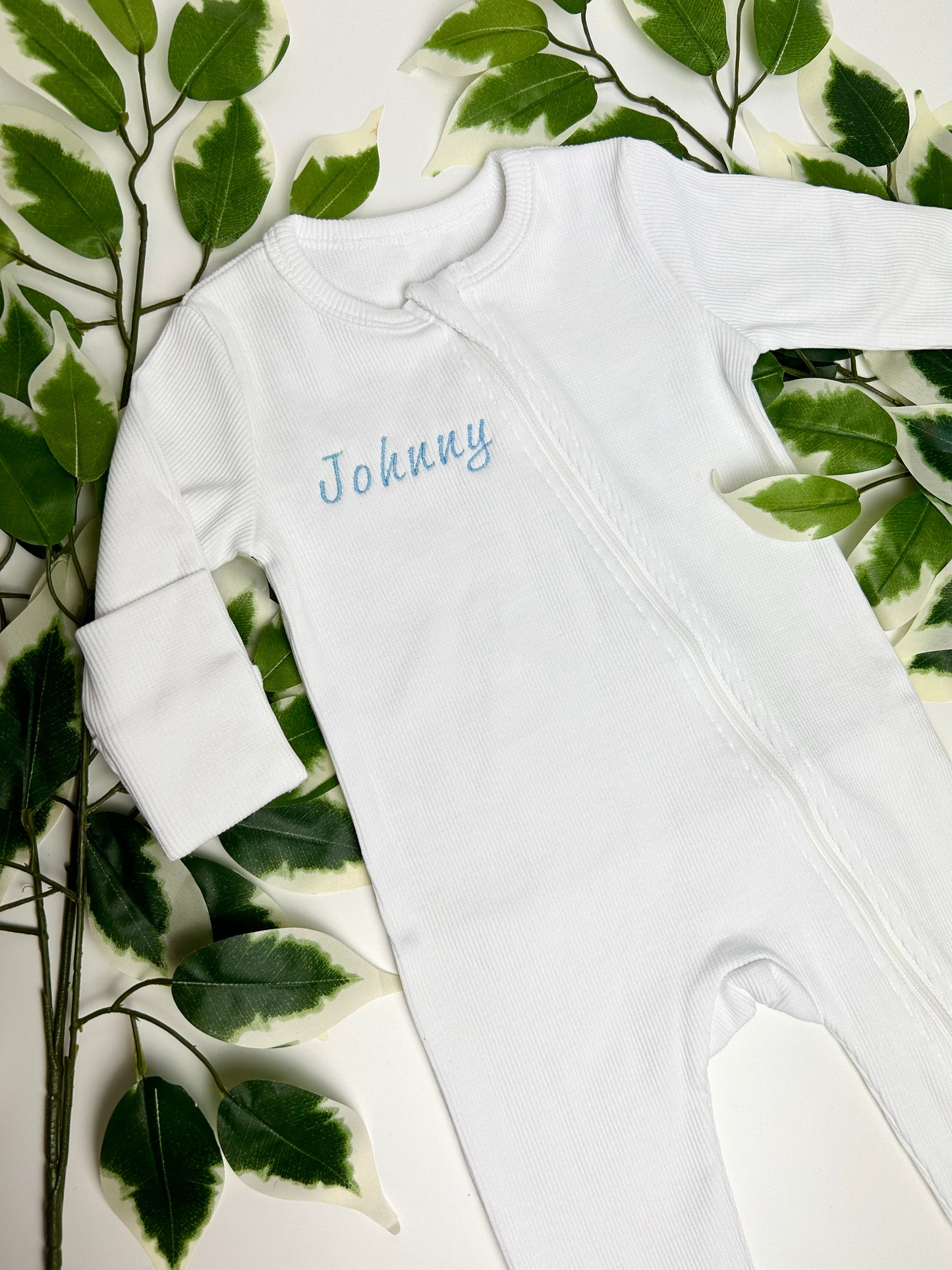 Personalised White Ribbed Zipper Sleepsuit Organic Cotton - Embroidered