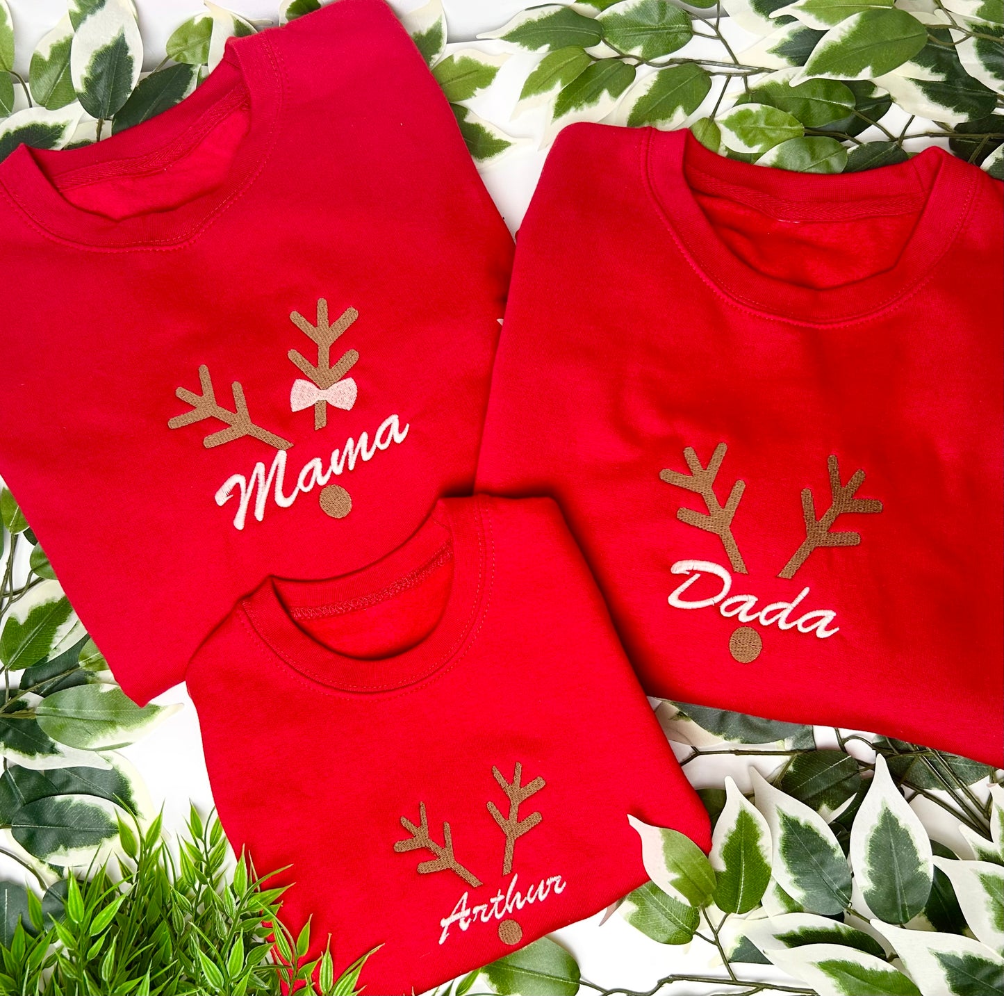 Children's Personalised Christmas Family Reindeer Antlers Matching Embroidered Sweatshirt