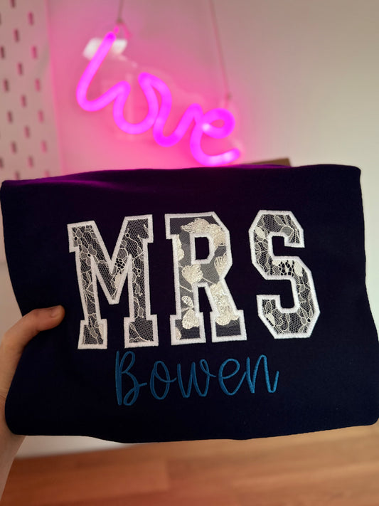 MRS Personalised Appliqué Jumper in Straight Font - Keepsake Embroidered with your fabric