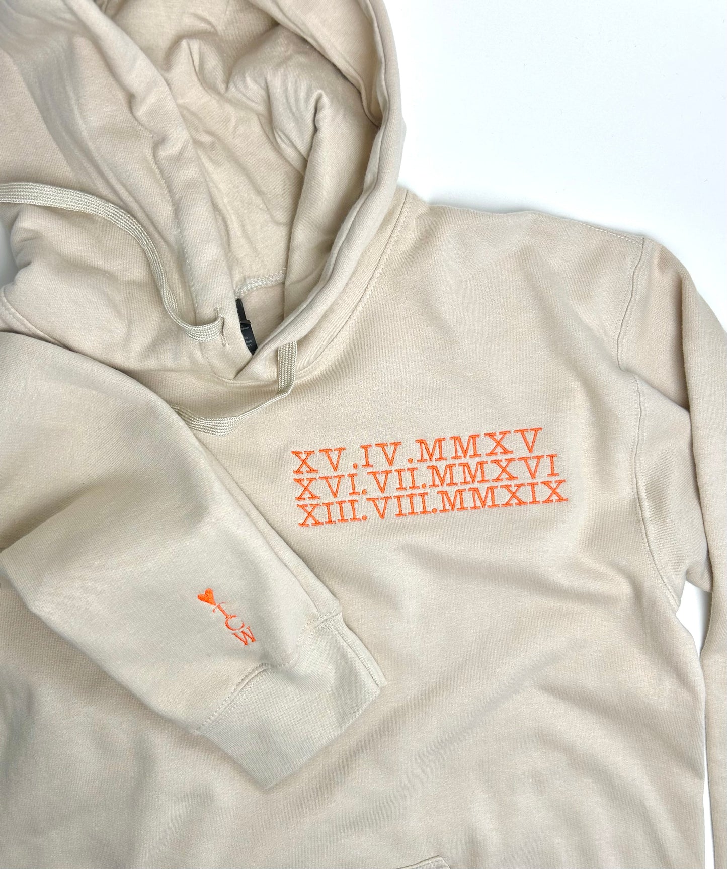 Personalised Multiple Date Roman Numeral Hoodie and Initial Sleeve Unisex - Embroidered