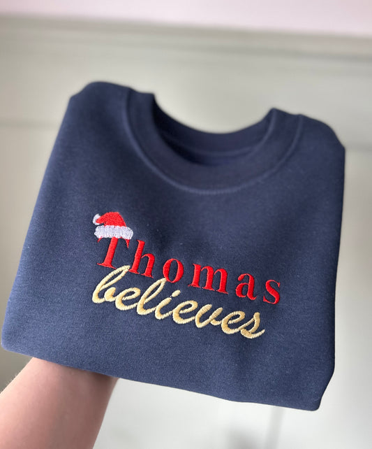 'Name' Believes Personalised Christmas Children's Jumper -Embroidered