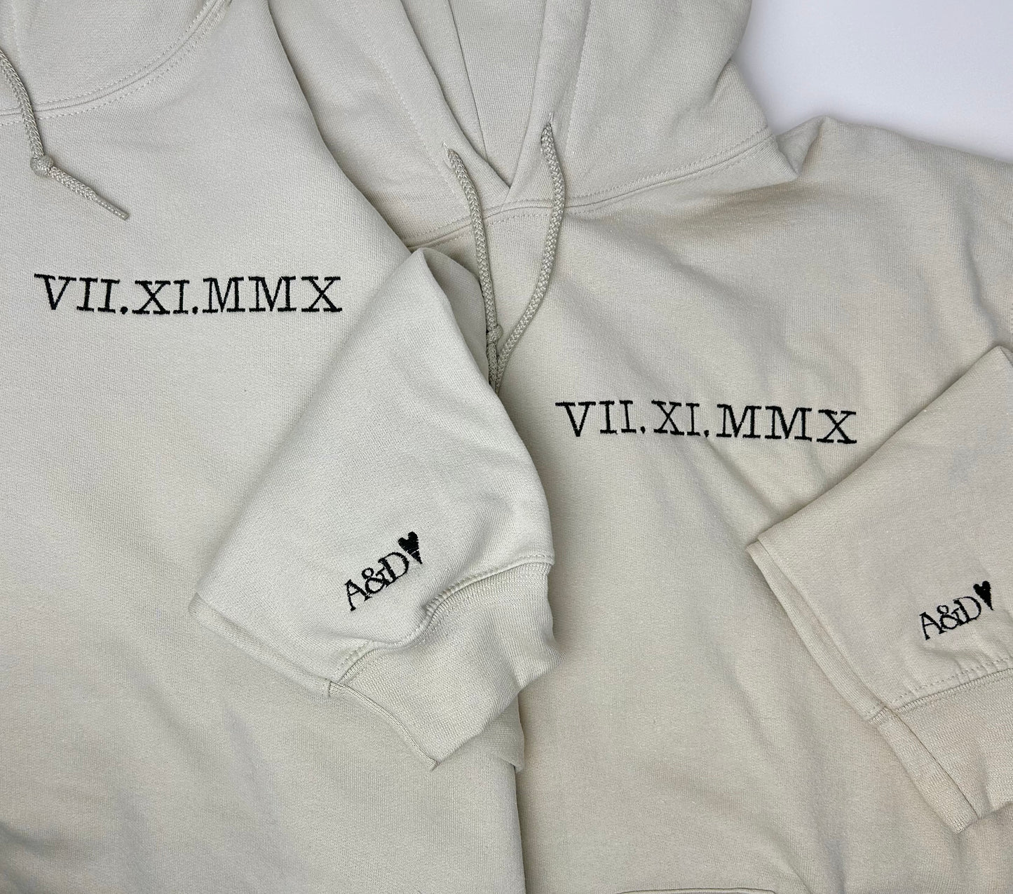 Personalised Date Roman Numeral Hoodie and Initial Sleeve Unisex - Embroidered