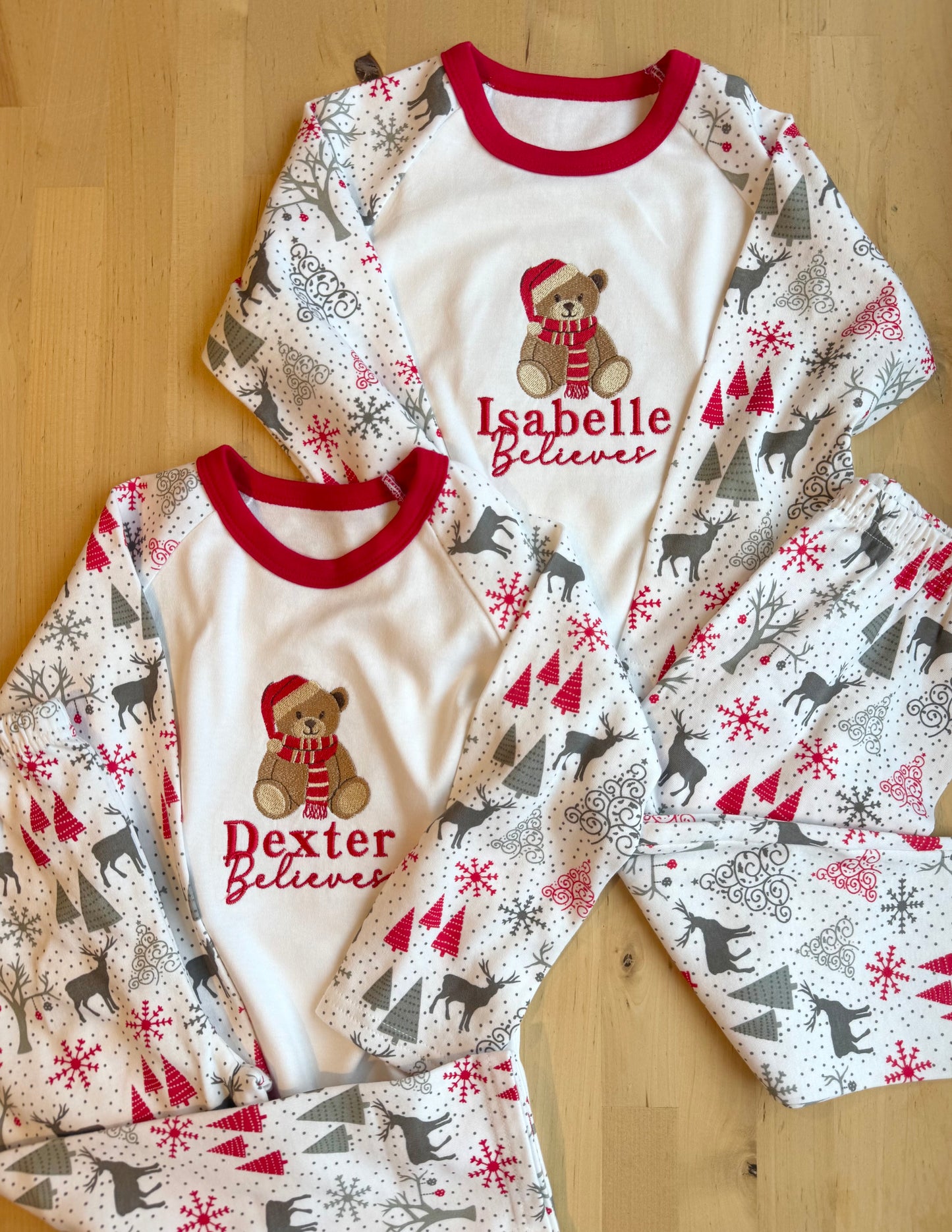 Teddy Personalised Believes Children's Christmas Pyjamas - Embroidered