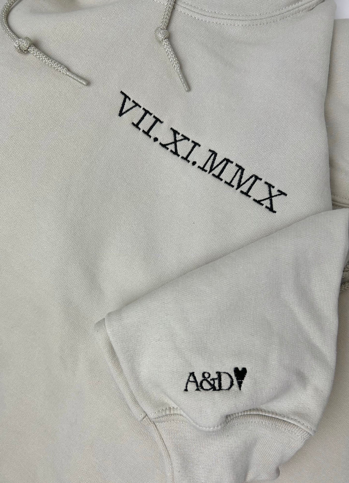 Personalised Date Roman Numeral Hoodie and Initial Sleeve Unisex - Embroidered