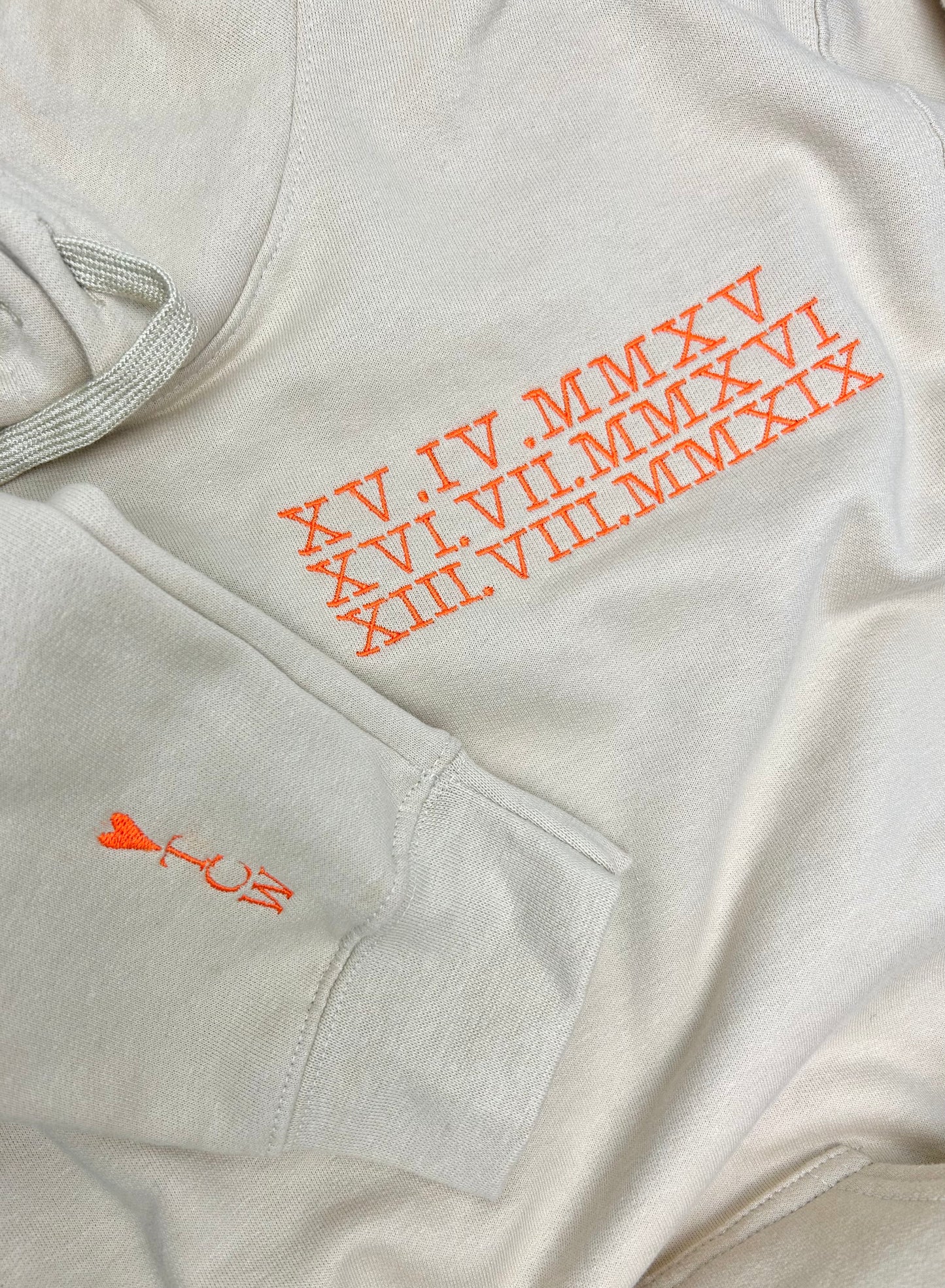 Personalised Multiple Date Roman Numeral Hoodie and Initial Sleeve Unisex - Embroidered