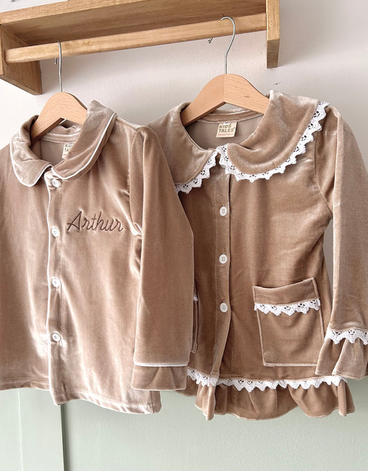 Beige Velvet Pyjamas - Children's Personalised
