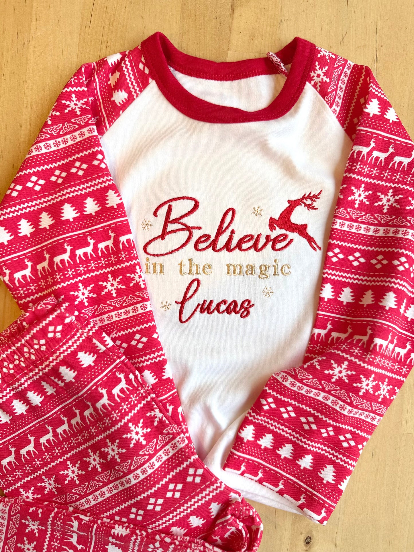 Reindeer Personalised Believe Children's Christmas Pyjamas - Embroidered
