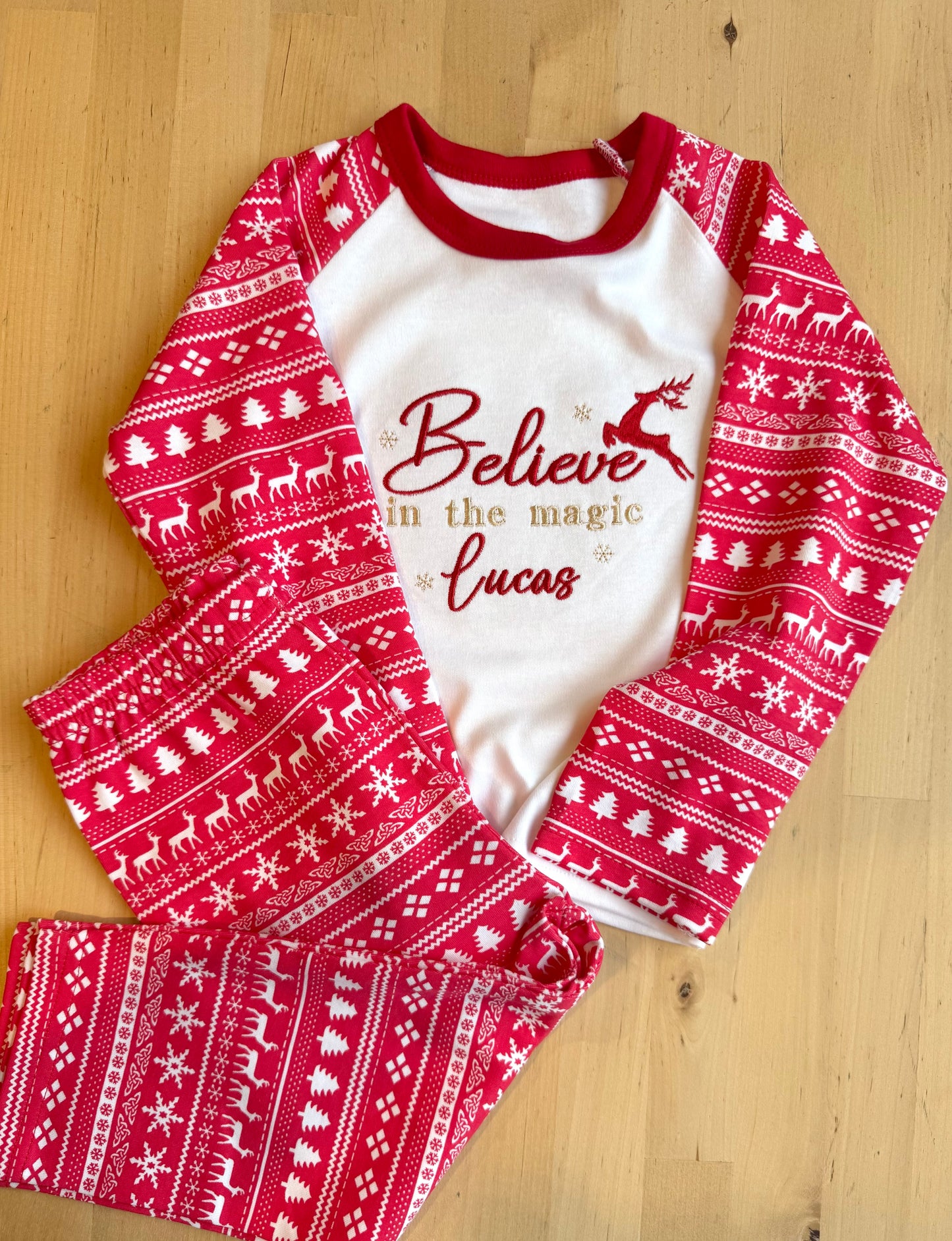 Reindeer Personalised Believe Children's Christmas Pyjamas - Embroidered