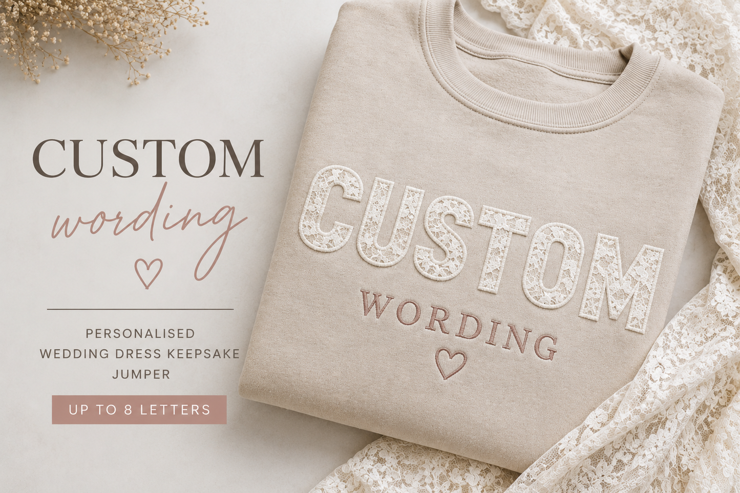 Custom Wedding Dress Keepsake Jumper | Personalised Appliqué Sweatshirt (Up to 8 Letters)