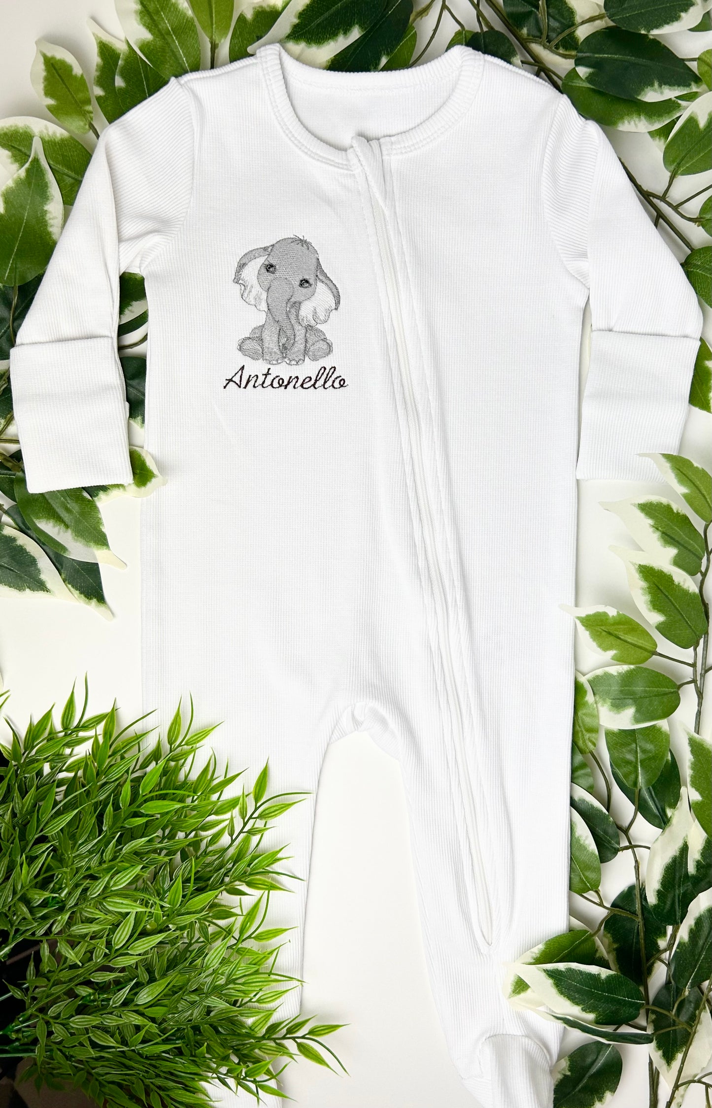 Personalised White Ribbed Zipper Sleepsuit Organic Cotton - Embroidered