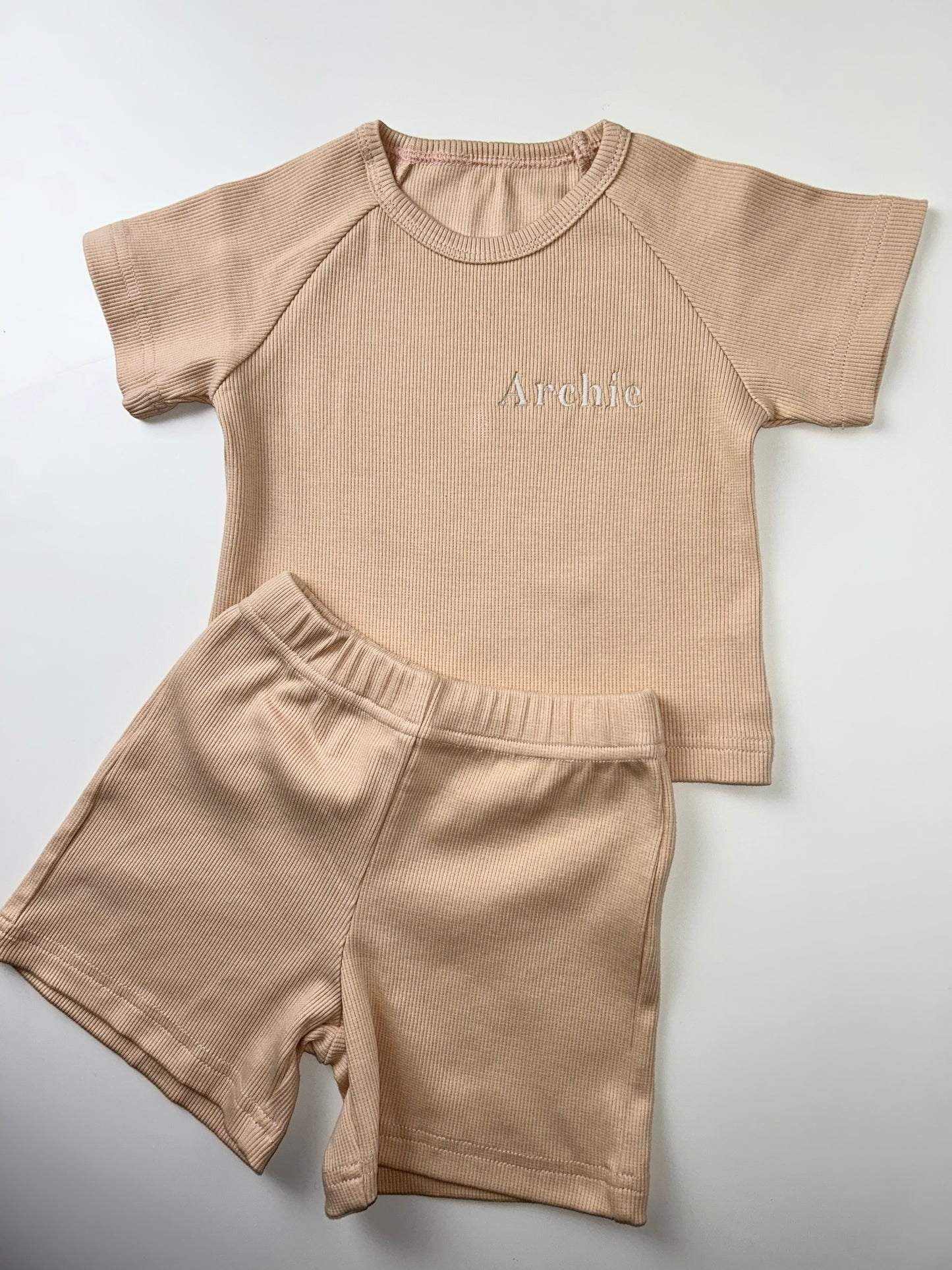 Personalised Nude Ribbed Shorts Set Organic Cotton - Embroidered