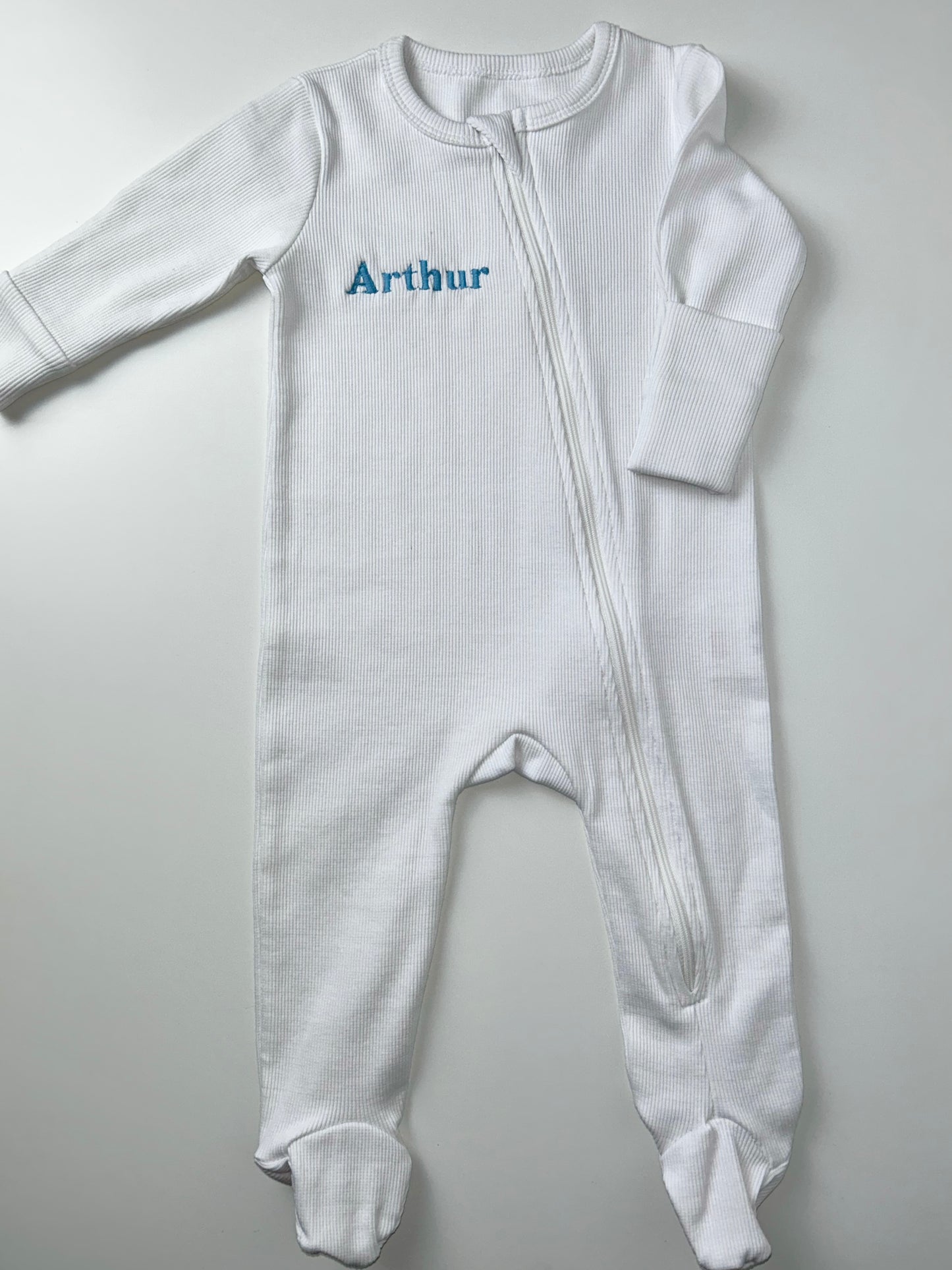 Personalised White Ribbed Zipper Sleepsuit Organic Cotton - Embroidered