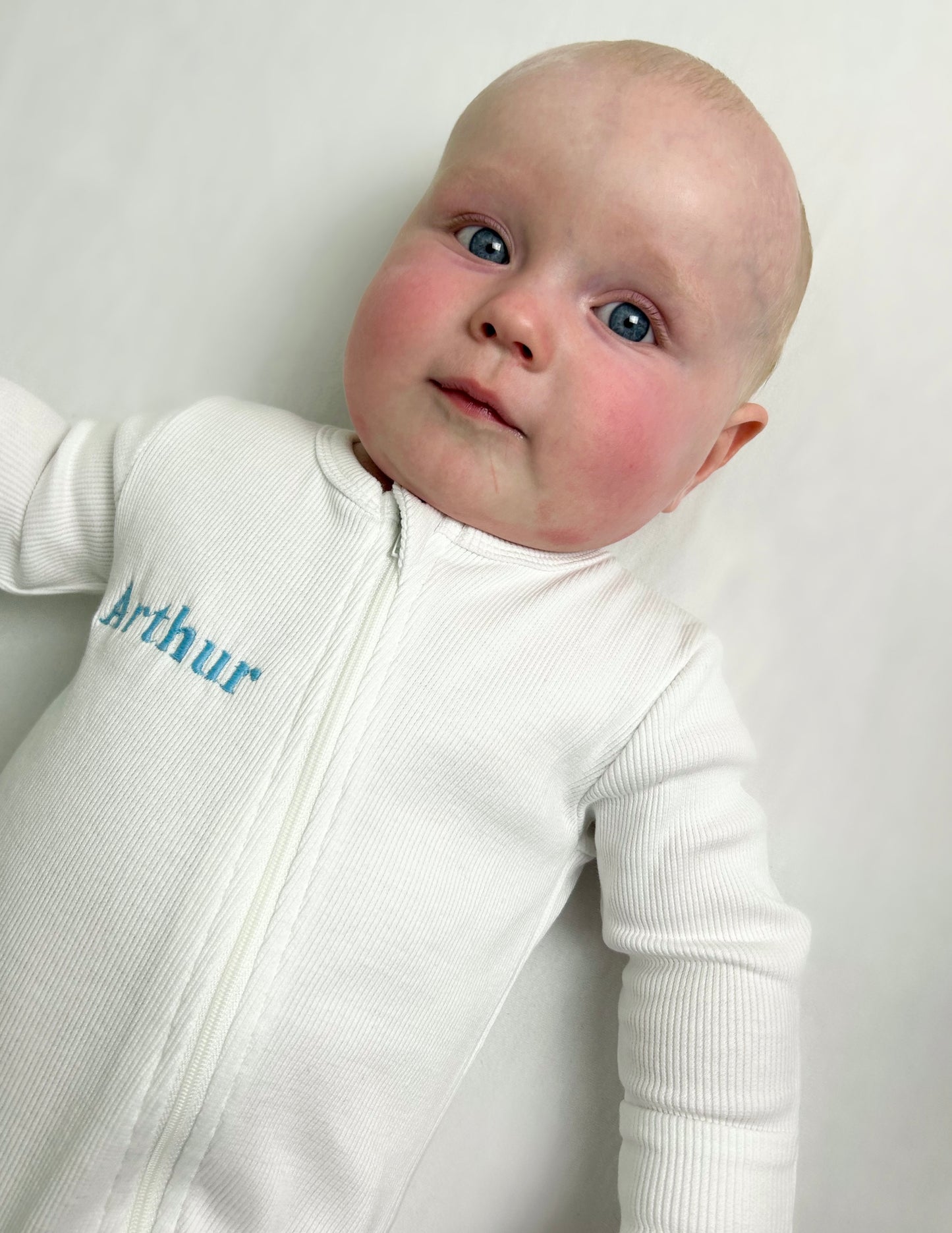 Personalised White Ribbed Zipper Sleepsuit Organic Cotton - Embroidered