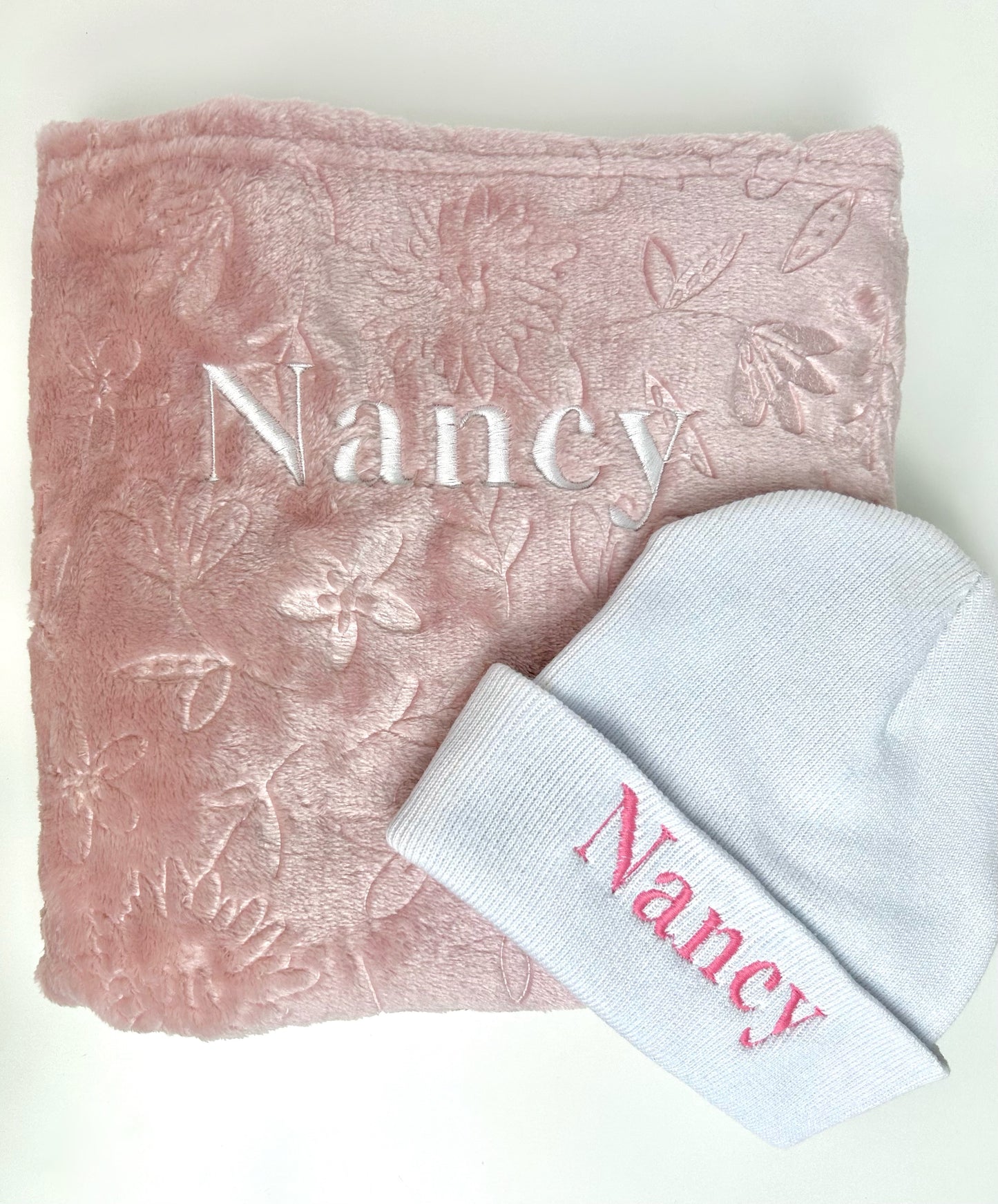 Personalised Fleece Blanket and Newborn Knitted Beanie Hat Bundle- Embroidered