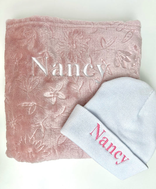 Personalised Fleece Blanket and Newborn Knitted Beanie Hat Bundle- Embroidered