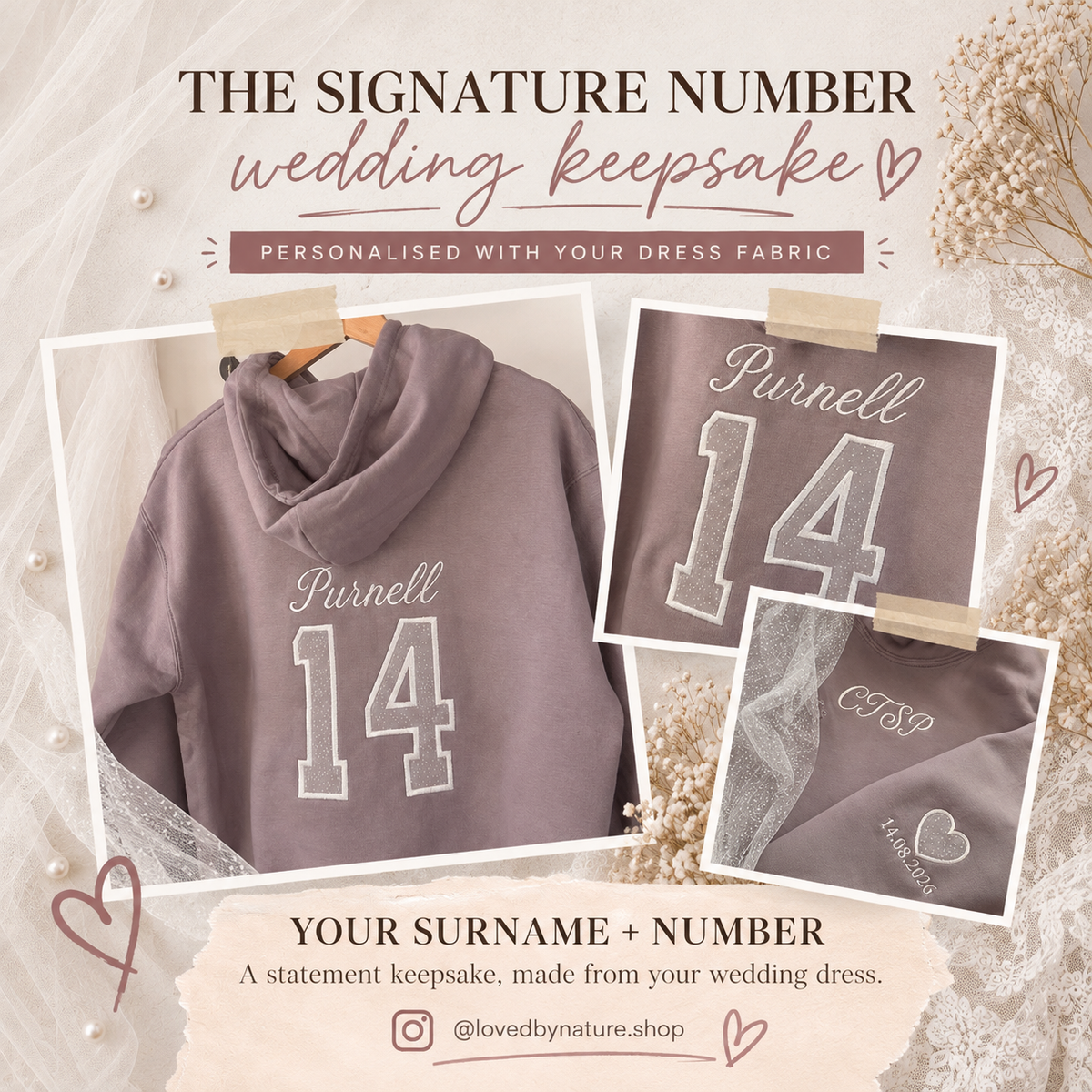 Signature Number Wedding Dress Keepsake Jumper | Personalised Appliqué Sweatshirt or Hoodie