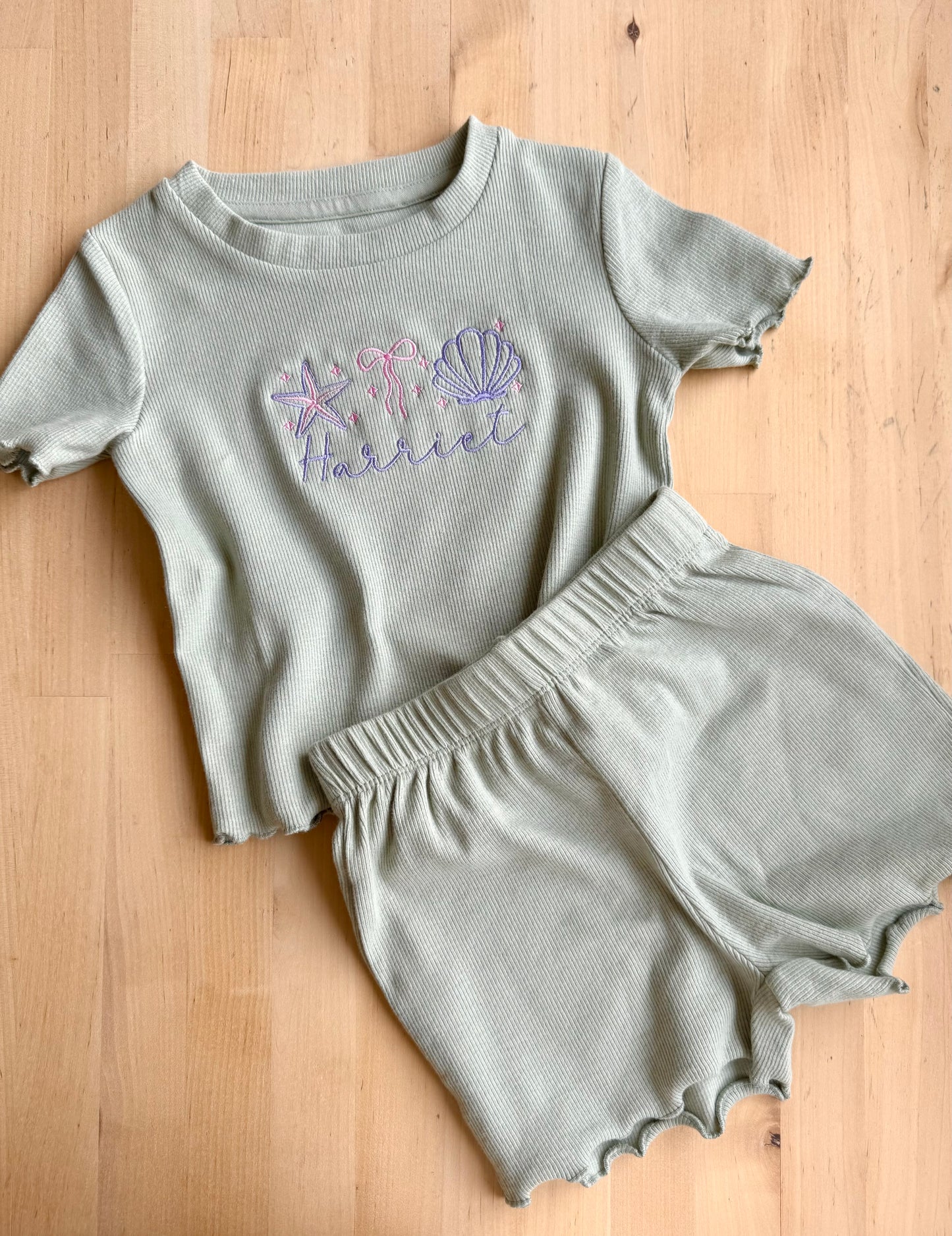 Sea Shell Ribbed T-Shirt and Short Set - Embroidery Personalised