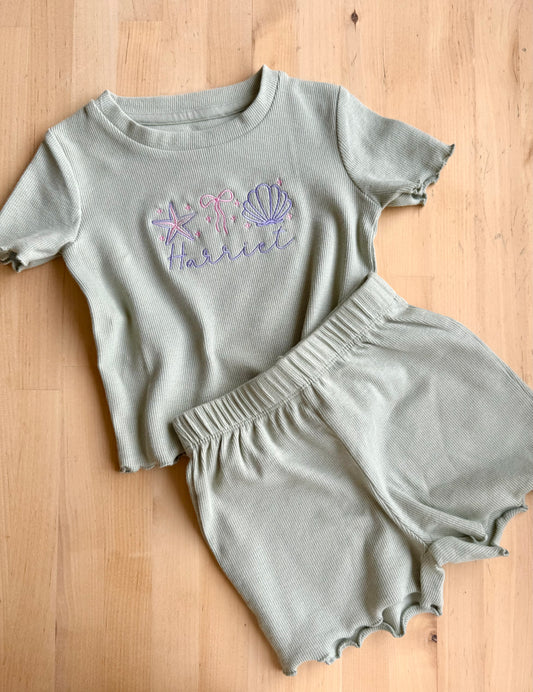 Sea Shell Ribbed T-Shirt and Short Set - Embroidery Personalised